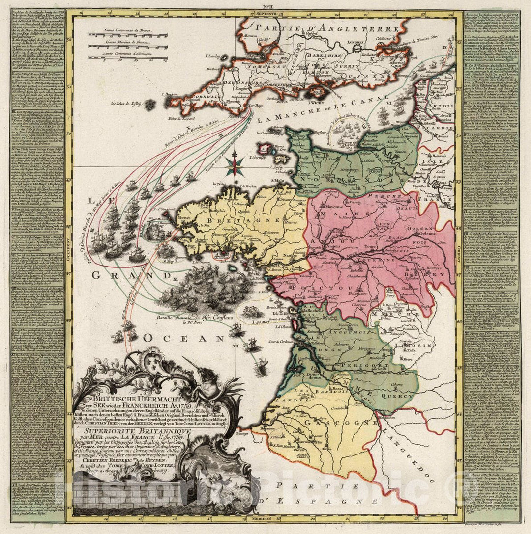 Historic Map : France, Quilberon Bay , France 18. Brittische Uebermacht zer See Wieder Francereich ao 1759, 1740 Atlas , Vintage Wall Art