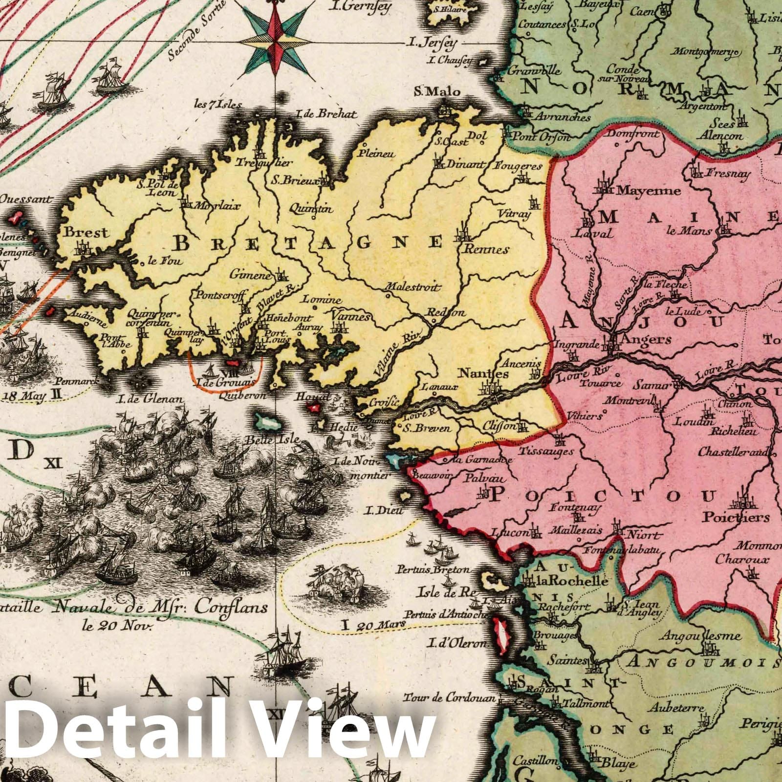 British Naval Superiority Against France, Bay of Quiberon - Military Map, 1740