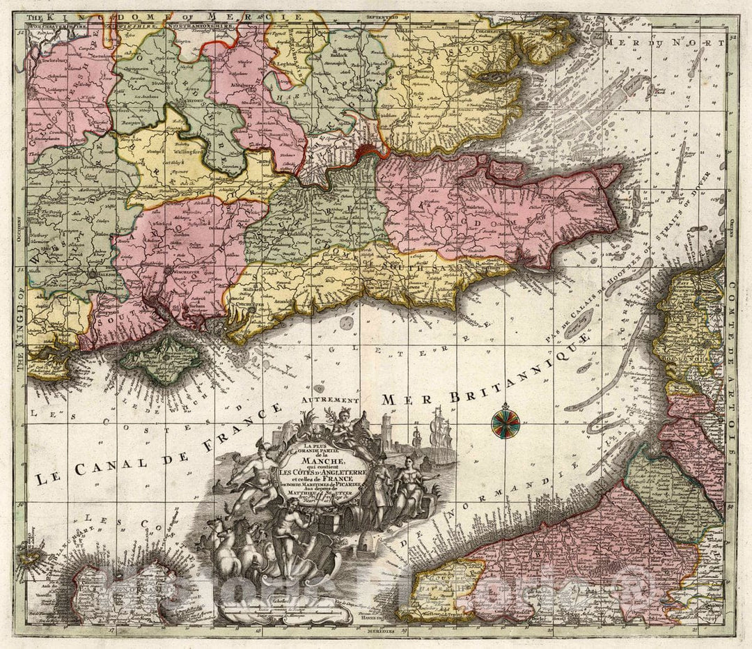 Historic Map : English Channel 19. La Plus Grande Partie de la Manche, qui contient Les Cotes d'Angleterre et celles de France, 1730 Atlas , Vintage Wall Art