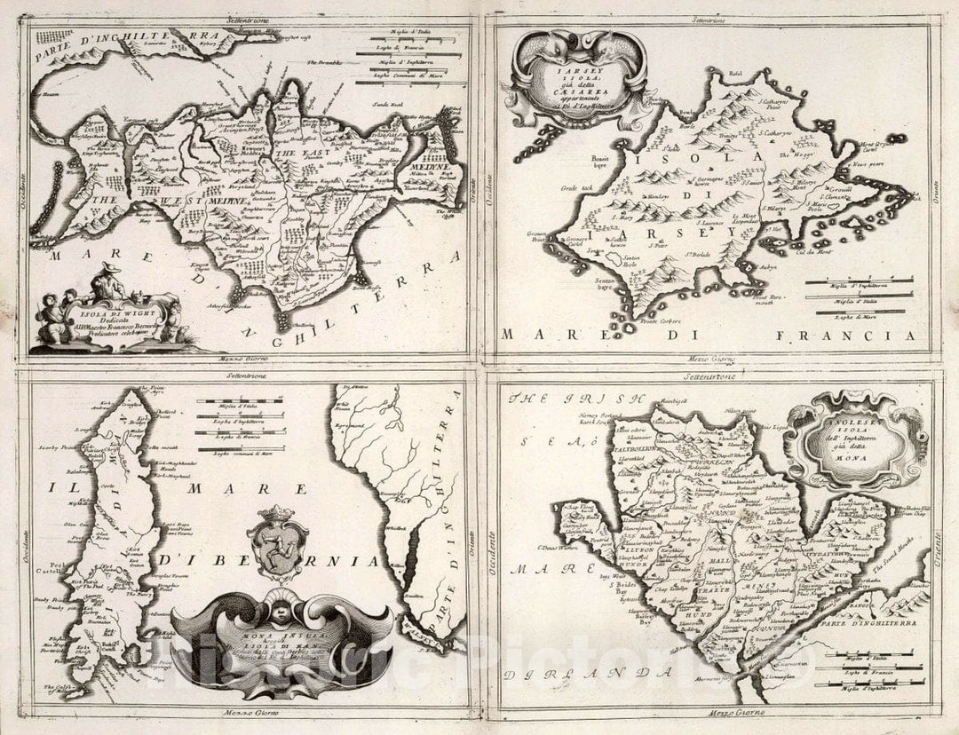 Historic Map : Isle of Wight (British Isles) 34. Isola de Wight. Mona Insula hoggidi Isola di Man, Jarsey Insola giadelta Caesarea, Anglesey Isola, 1690, Vintage Wall Art