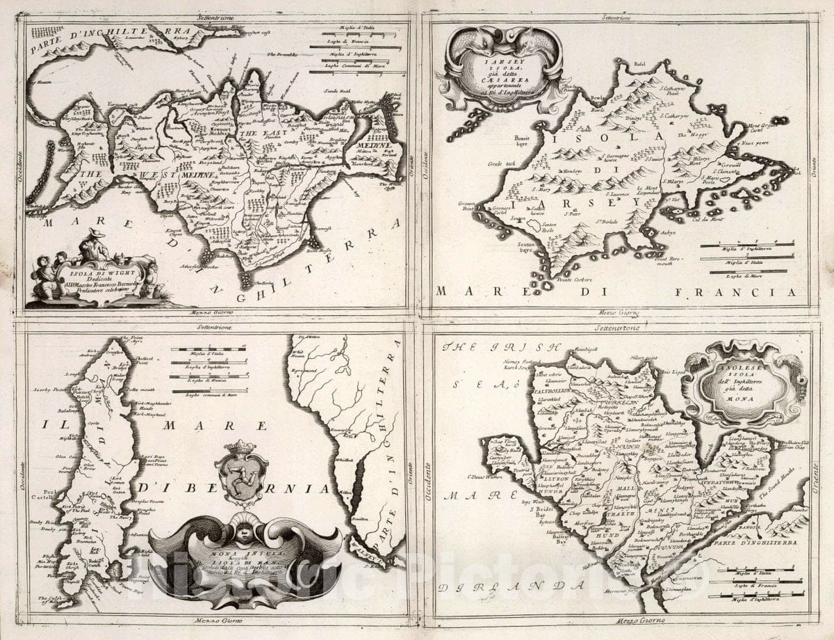 Historic Map : Isle of Wight (British Isles) 34. Isola de Wight. Mona Insula hoggidi Isola di Man, Jarsey Insola giadelta Caesarea, Anglesey Isola, 1690, Vintage Wall Art