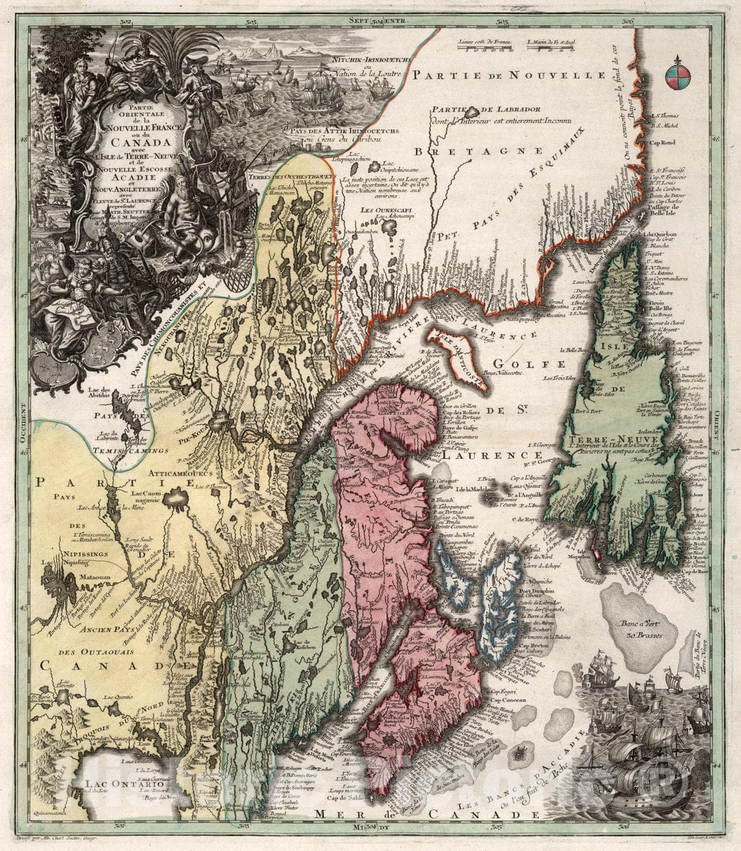 Historic Map : 42. Partie Orientale de la Nouvelle France ou du Canada avec l'Isle de Terre-Neuve et de Nouvelle Escosse Acadie, 1750 Atlas - Vintage Wall Art