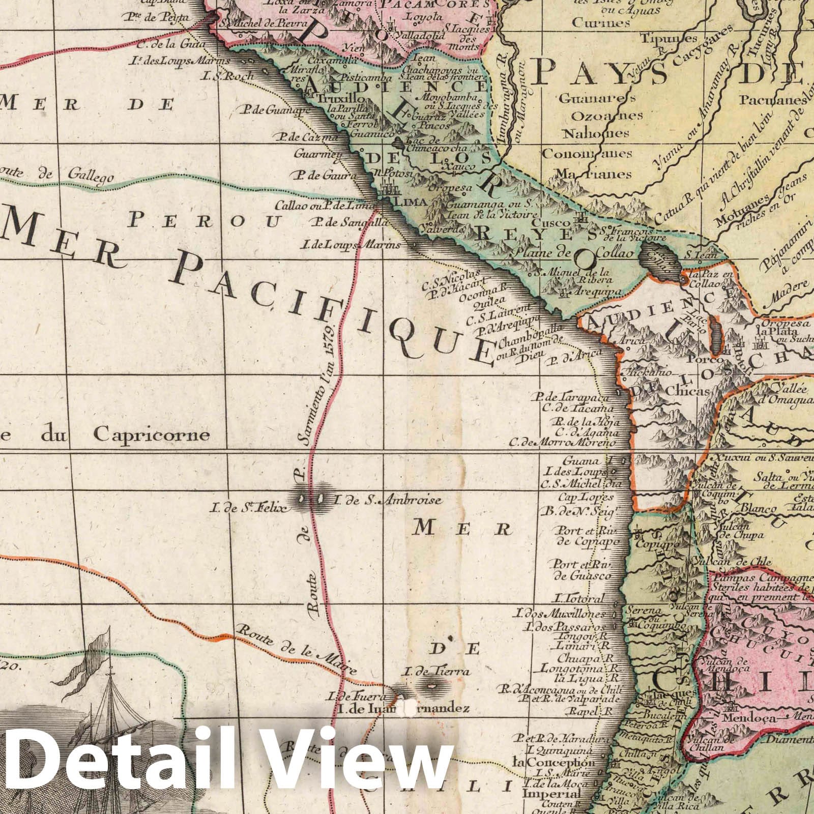 Peru and Chile - Route Map, 1734 - Seutter Atlas Historical Map Print