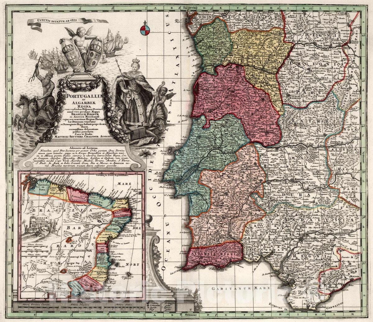 Historic Map : Portugal, Portugalliae et Algarbiae Regna Brasiliae Regnum, 1727 Atlas , Vintage Wall Art