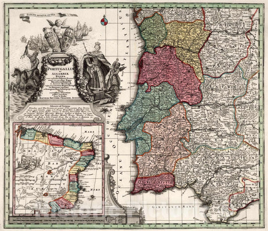 Historic Map : Portugal, Portugalliae et Algarbiae Regna Brasiliae Regnum, 1727 Atlas , Vintage Wall Art