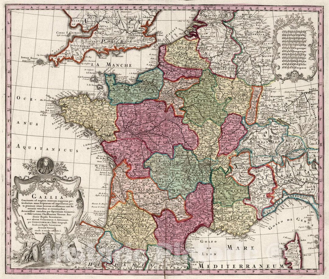 Historic Map : France, 7. Gallia, 1727 Atlas , Vintage Wall Art