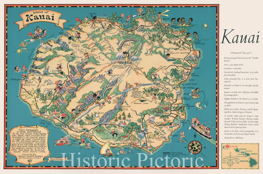 Kauai - Pictorial Map, 1935 - Historical Map Print
