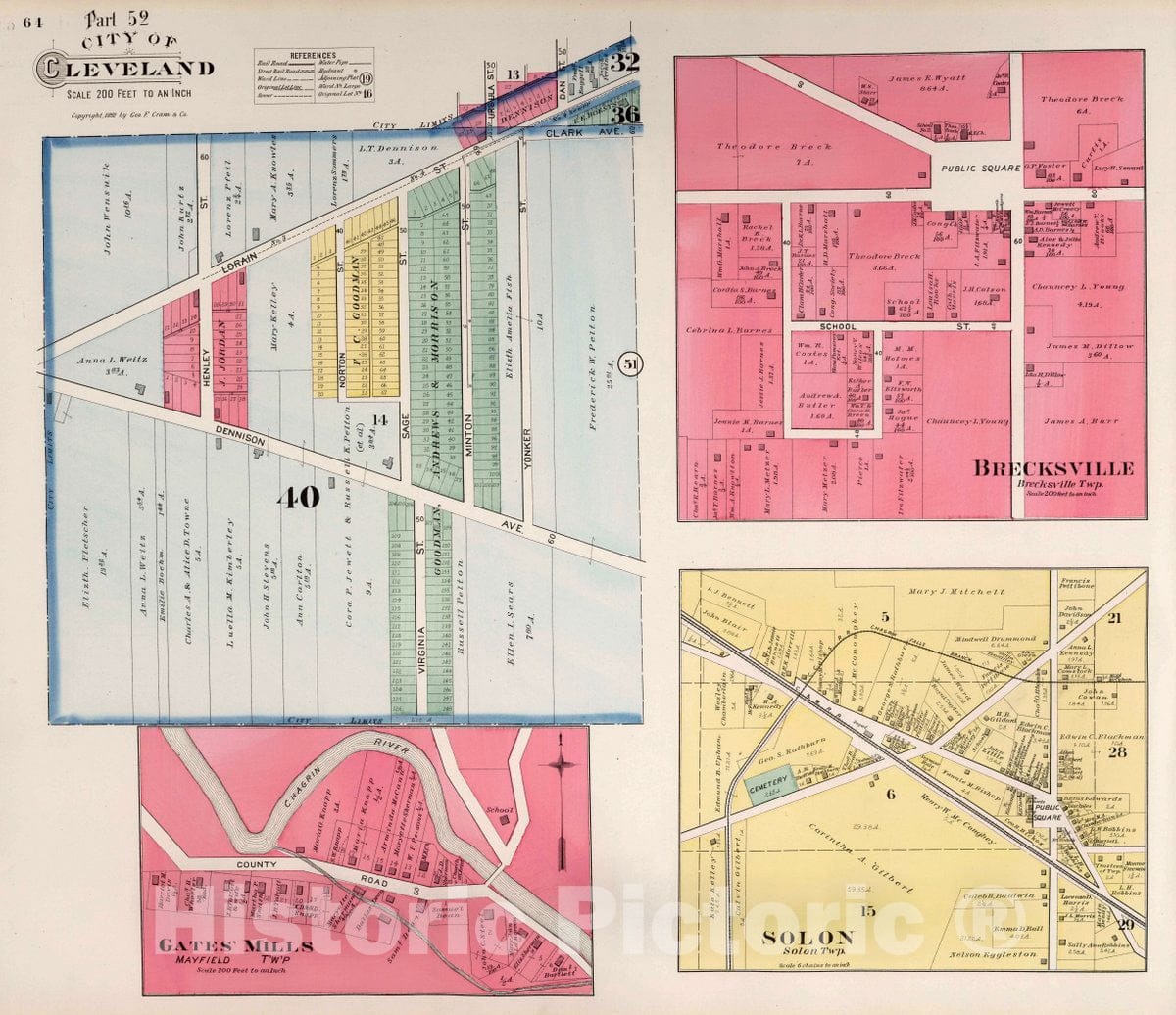 Historic Map : Part 52. City of Cleveland. Brecksville. Solon. Gates' Mills, 1892 Atlas - Vintage Wall Art