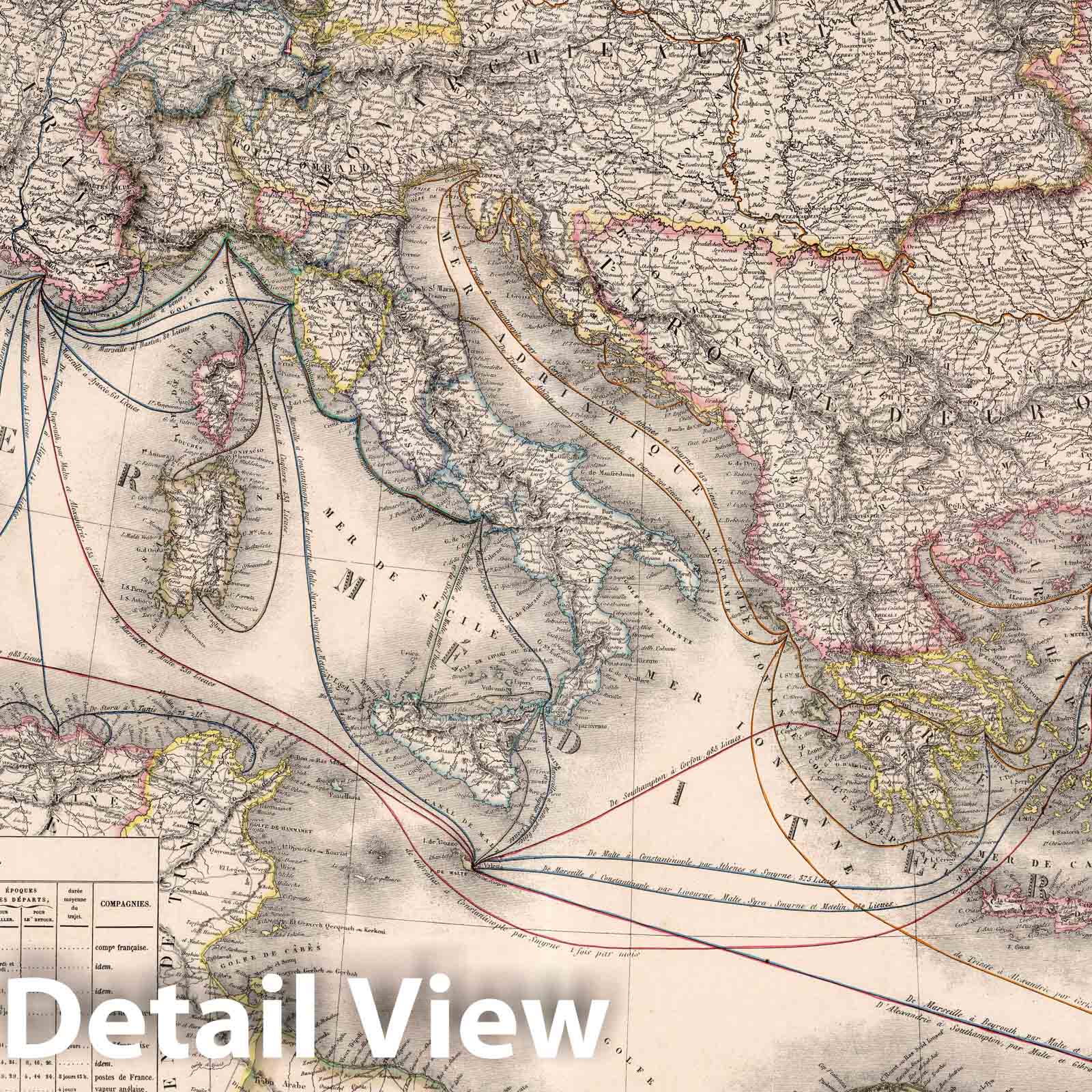 Mediterranean Basin - Steamship Routes, 1854 - Historical Map Print