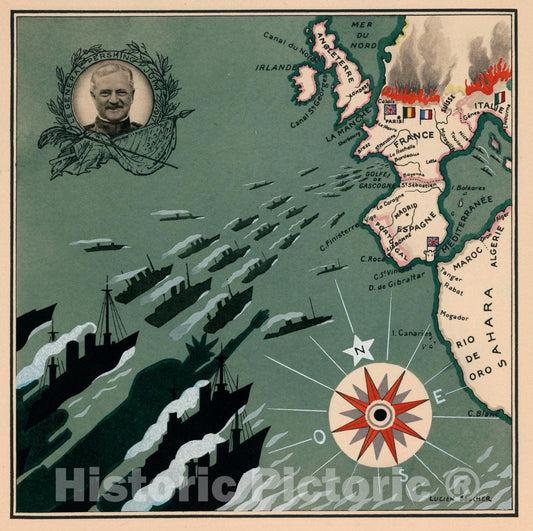Atlantic Ocean - Pictorial Map, 1927 - Transatlantic Exploration Print