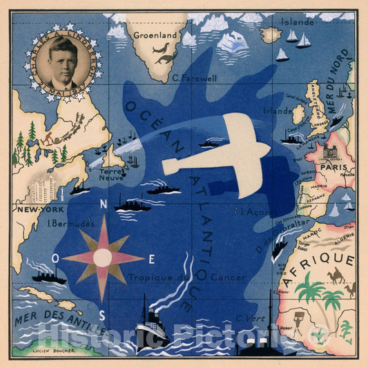 Trans-Atlantic Route - Pictorial Map, 1927 - Lindbergh Flight Wall Art