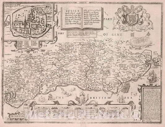 Sussex with Chichester Inset, England 1666 Historical Map Print