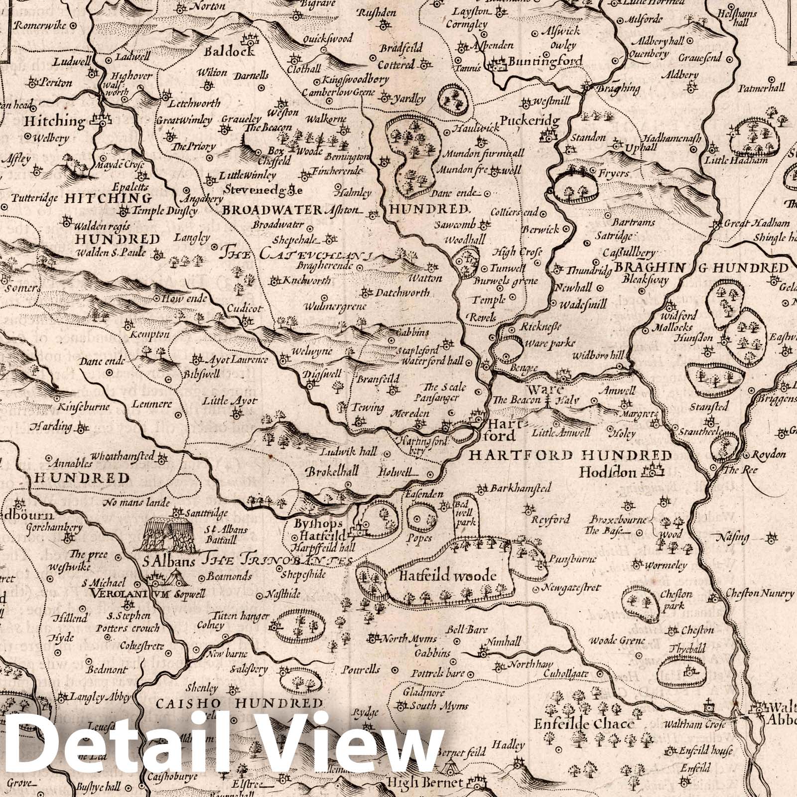 Hertfordshire, England 1676 Historical Map Print - John Speed