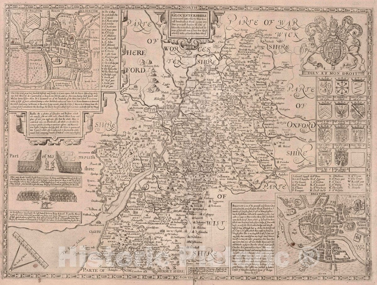 Historic Map : Glocestershire. (Insets) Glocester. Bristow, 1676 Atlas - Vintage Wall Art