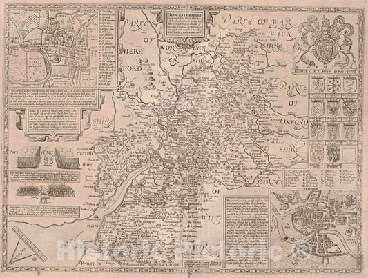 Gloucestershire with insets: Gloucester, Bristol, 1676 - Historical Map Print