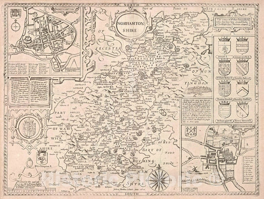 Northamptonshire, England 1610 Historical Map Print