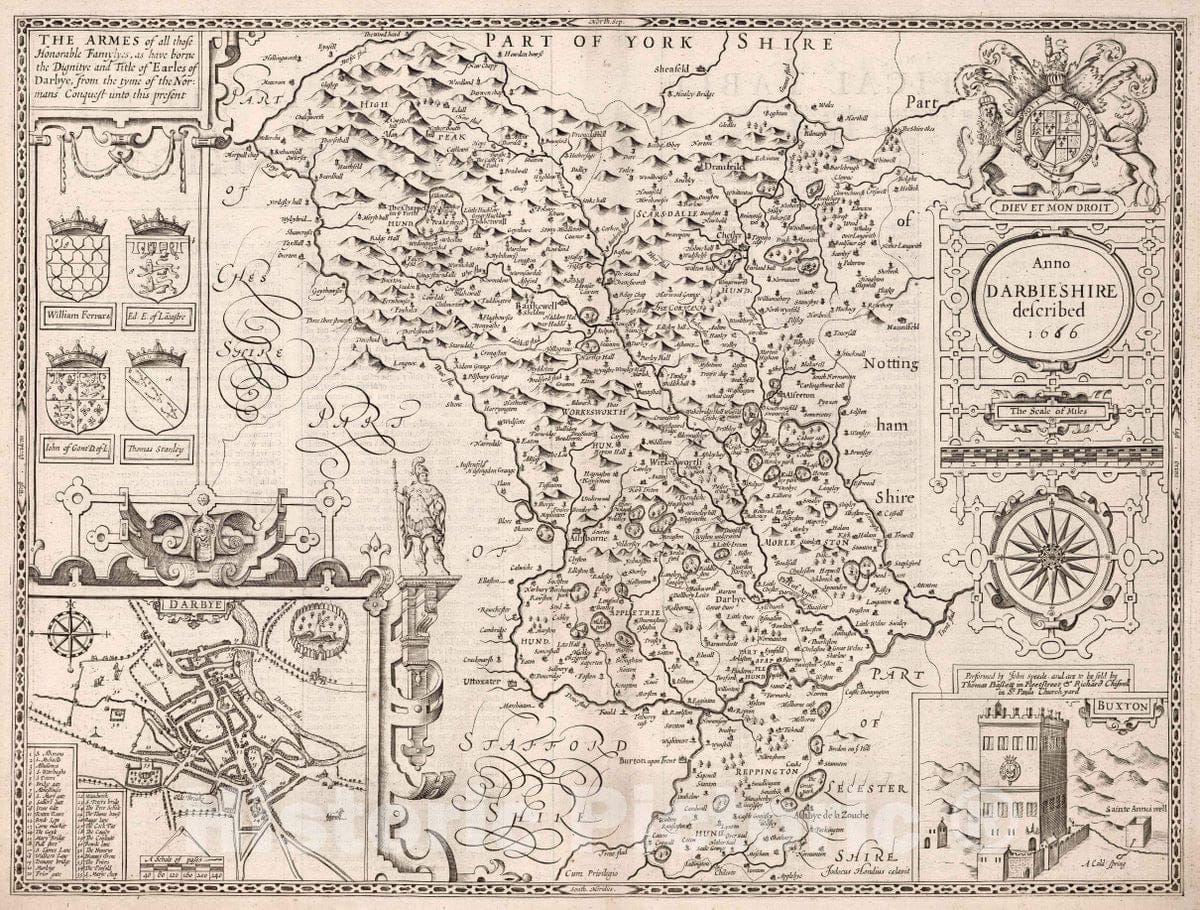 Derbyshire, England 1666 Historical Map Print - John Speed Atlas Reproduction