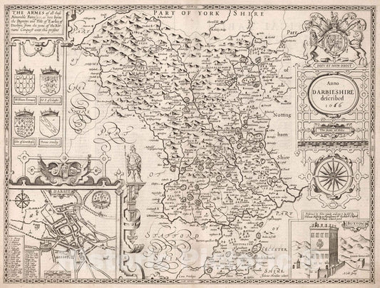 Derbyshire, England 1666 Historical Map Print - John Speed Atlas Reproduction