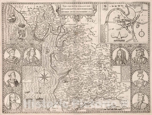 Lancaster, England 1610 Historical Map Print