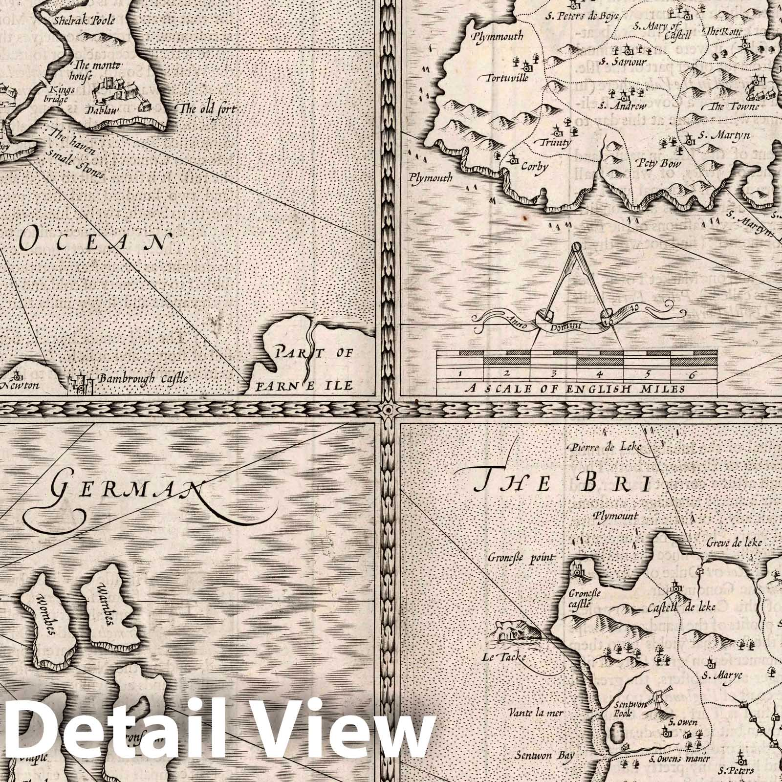 Holy Island, Guernsey Island, Farne Island, Jersey Island, 1676 Historical Map Print