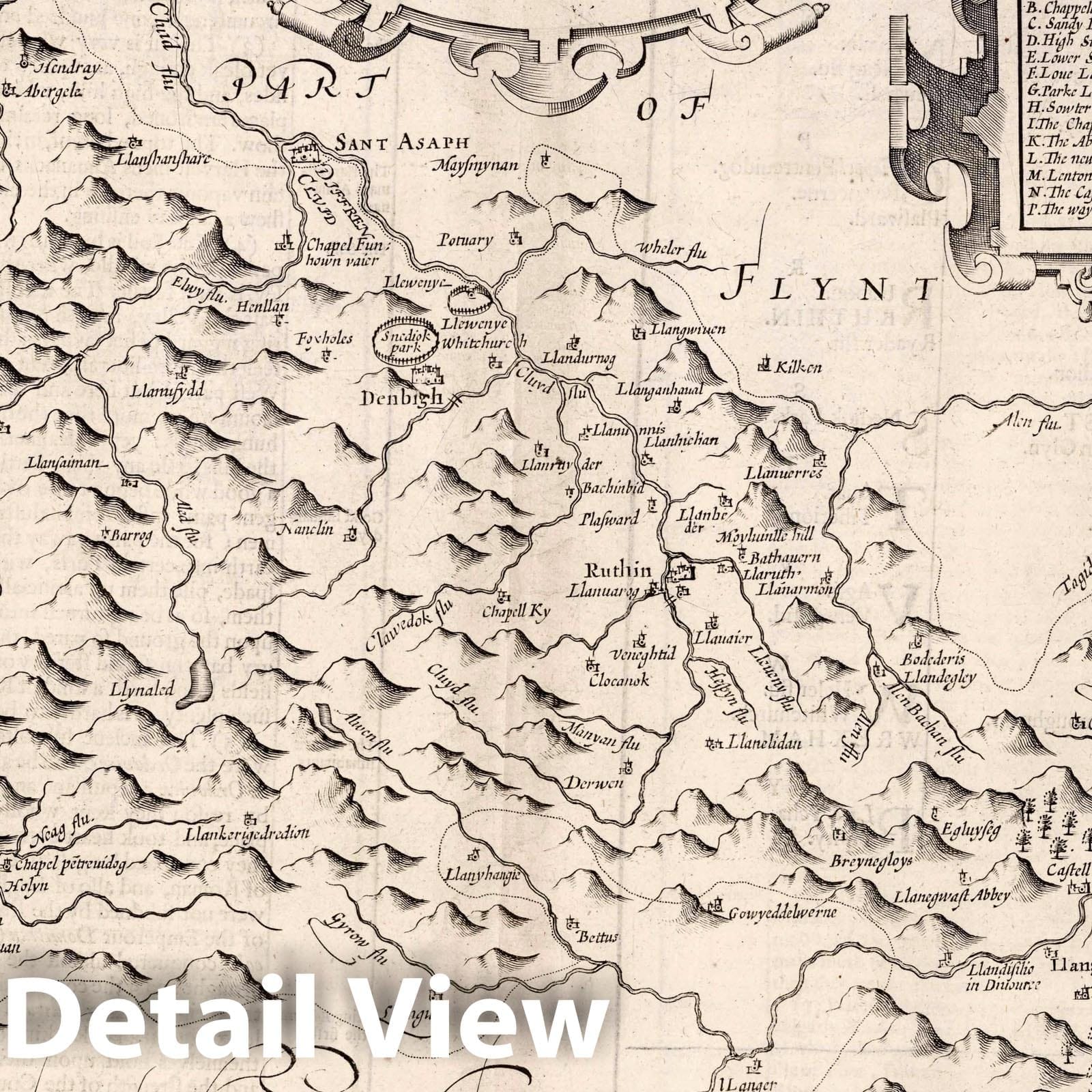 Denbighshire, Wales 1676 - John Speed Historical Map Print