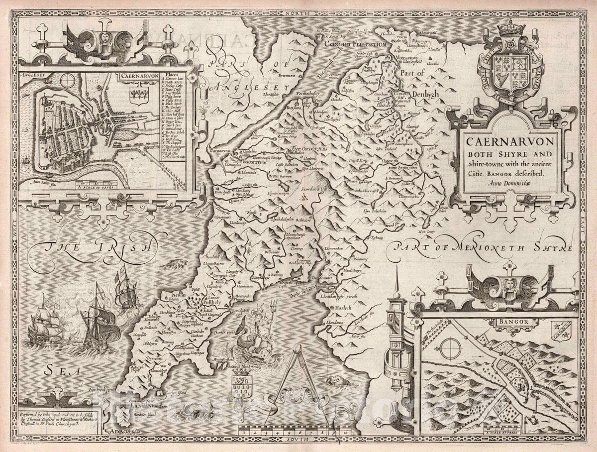 Historic Map : Caernarvon Both Shyre and Shire-Towne, 1610 Atlas - Vintage Wall Art