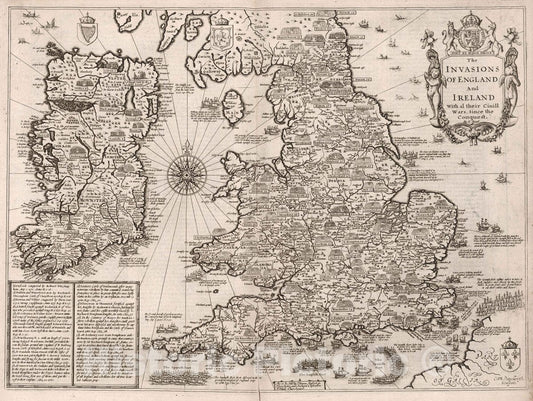 England and Ireland - Military, 1676 - John Speed Historical Map Print