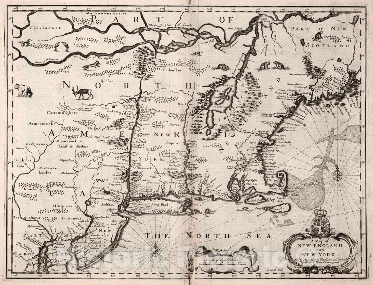 Historic Map : New England and New York, 1676 Atlas - Vintage Wall Art