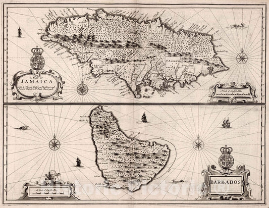 Historic Map : Jamaica. Barbados, 1676 Atlas - Vintage Wall Art