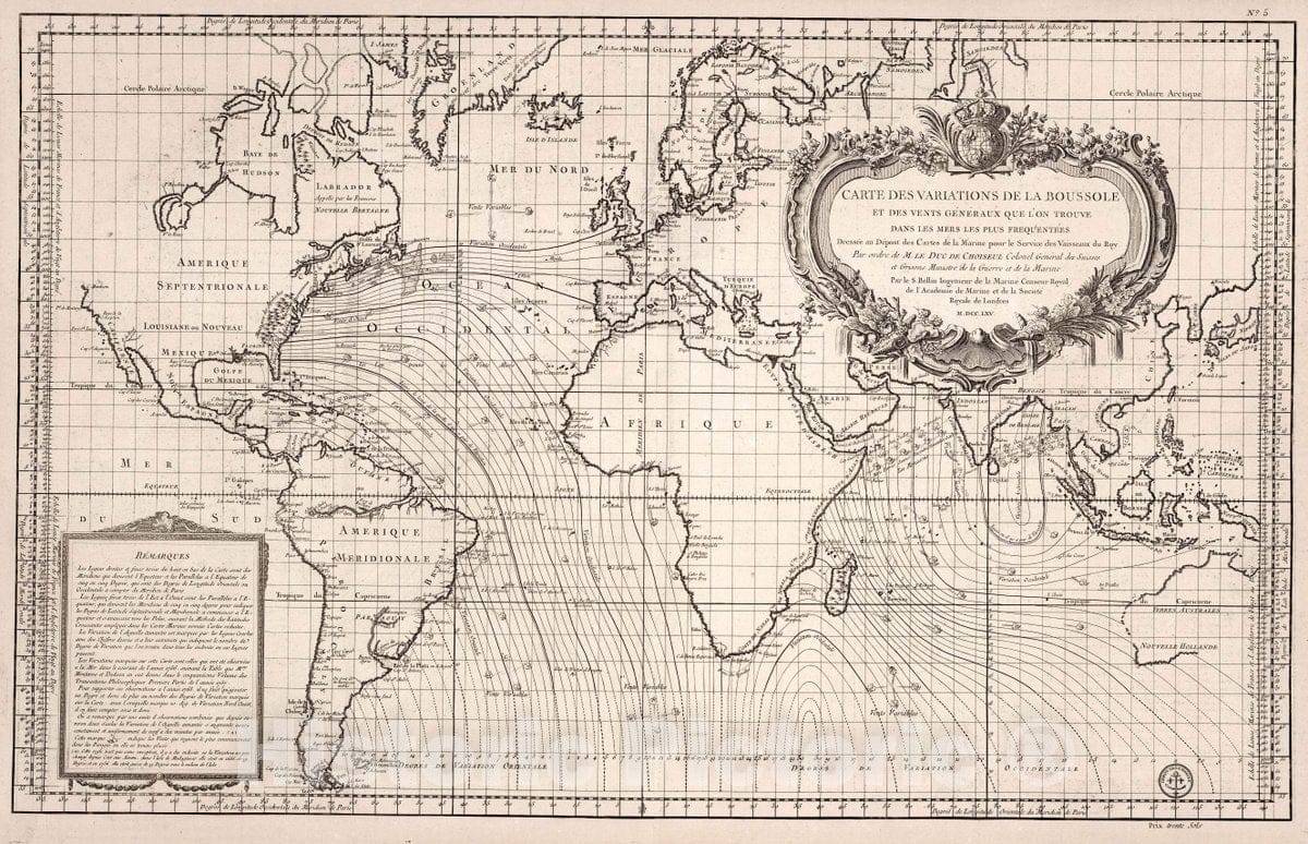 Historic Map : 1765 Chart Atlas - Carte des Variations de la Boussole. - Vintage Wall Art
