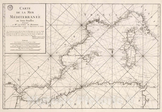 Historic Map : Mediterranean Sea Carte de la Mer Mediterranee en Trois Feuilles (Western Sheet), 1745 Chart , Vintage Wall Art