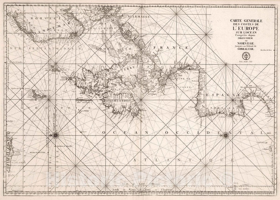 Historic Map : European Coasts Carte Generale des Costes de L'Europe, 1773, Vintage Wall Art