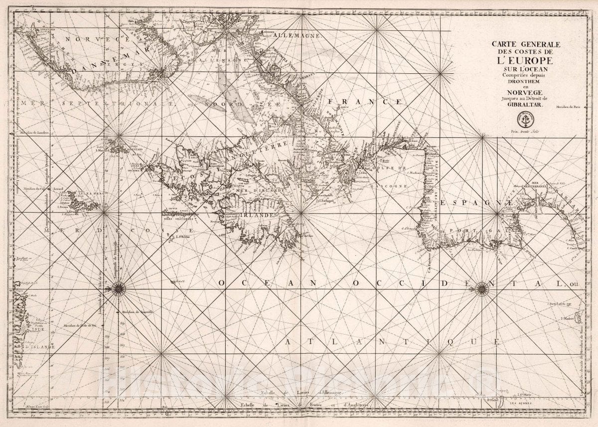 Historic Map : European Coasts Carte Generale des Costes de L'Europe, 1773, Vintage Wall Art