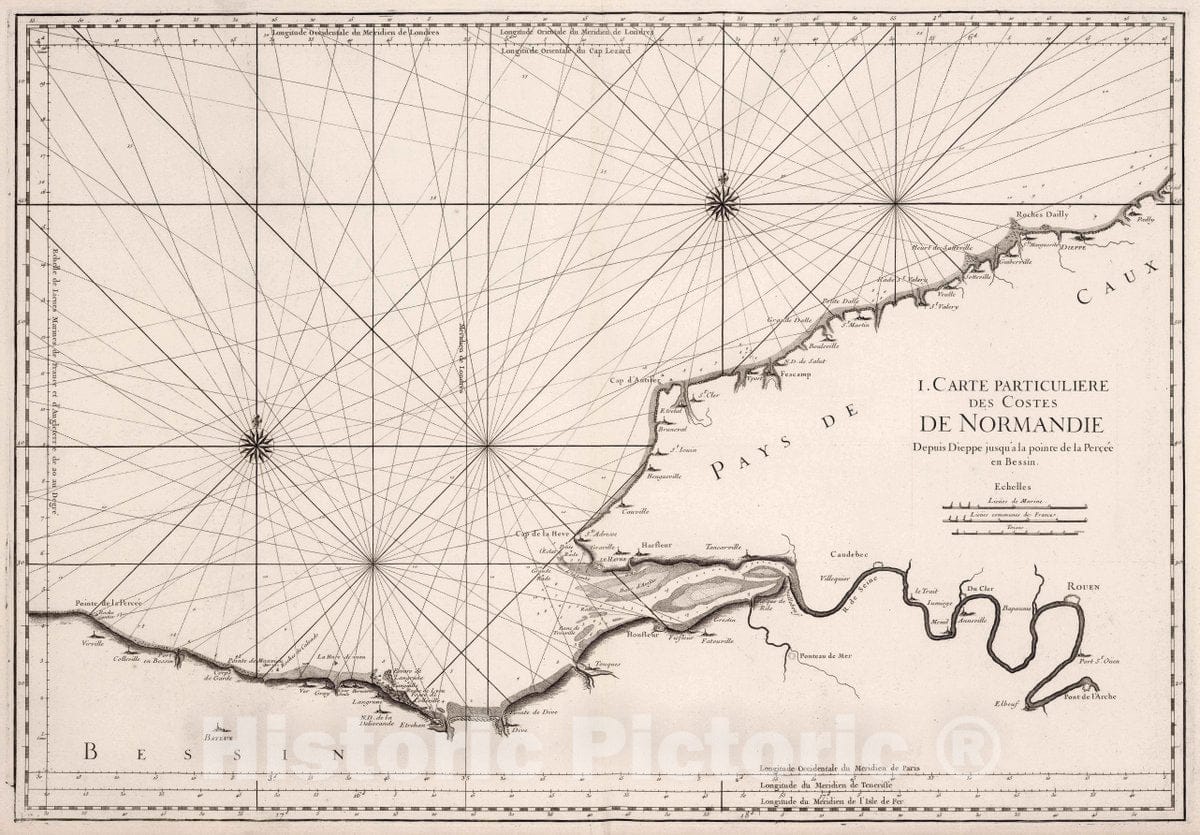 Historic Wall Map : Normandy , France I. Carte Particuliere des Costes de Normandie, 1773 Chart , Vintage Wall Art