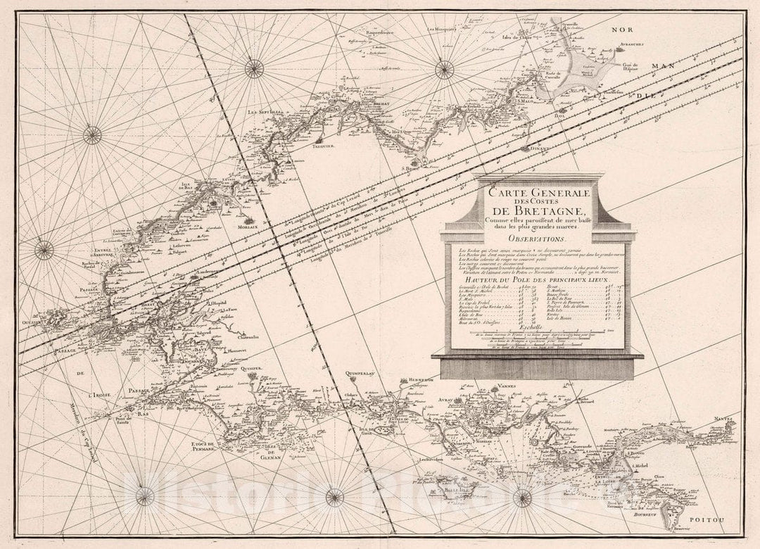 Historic Map : Brittany , France Carte Generale des Costes de Bretagne, 1773 Chart , Vintage Wall Art