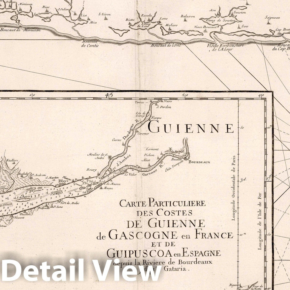 Historic Map : Gascony , France Carte Particuliere des Costes de Guienne de Gascogne en France et de Guipuscoa en Espagne, 1773 Chart , Vintage Wall Art