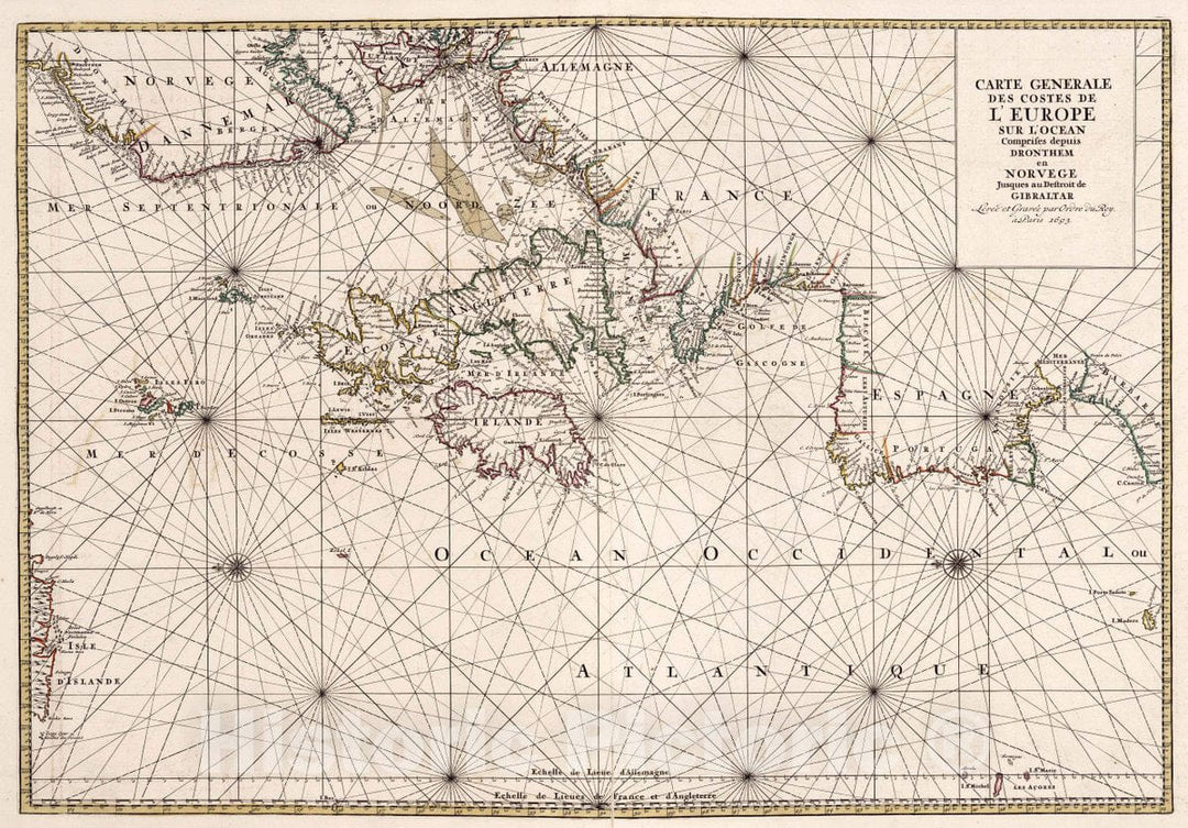 Historic Map : European Coasts Carte Generale des Costes de L'Europe, 1693 Chart , Vintage Wall Art