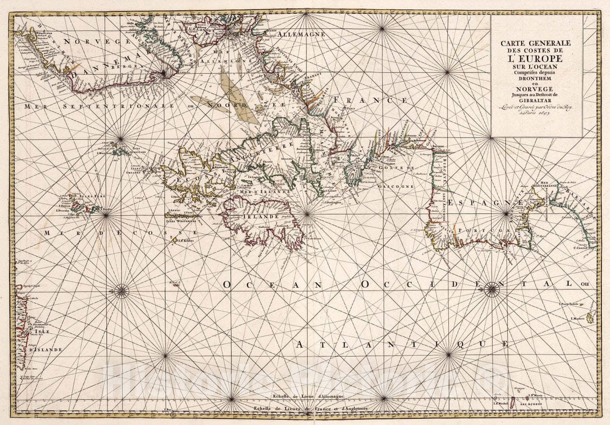 Historic Map : European Coasts Carte Generale des Costes de L'Europe, 1693 Chart , Vintage Wall Art