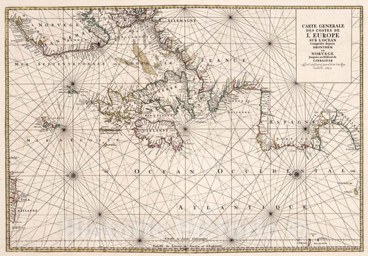 Historic Map : European Coasts Carte Generale des Costes de L'Europe, 1693 Chart , Vintage Wall Art