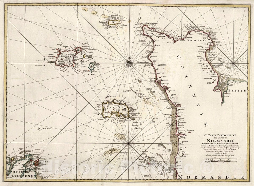 Historic Wall Map : Normandy , France 2me. Carte Particuliere des Costes de Normandie, 1693 Chart , Vintage Wall Art