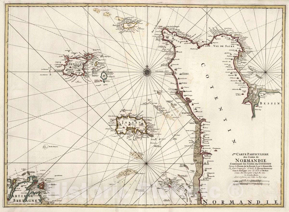 Historic Wall Map : Normandy , France 2me. Carte Particuliere des Costes de Normandie, 1693 Chart , Vintage Wall Art