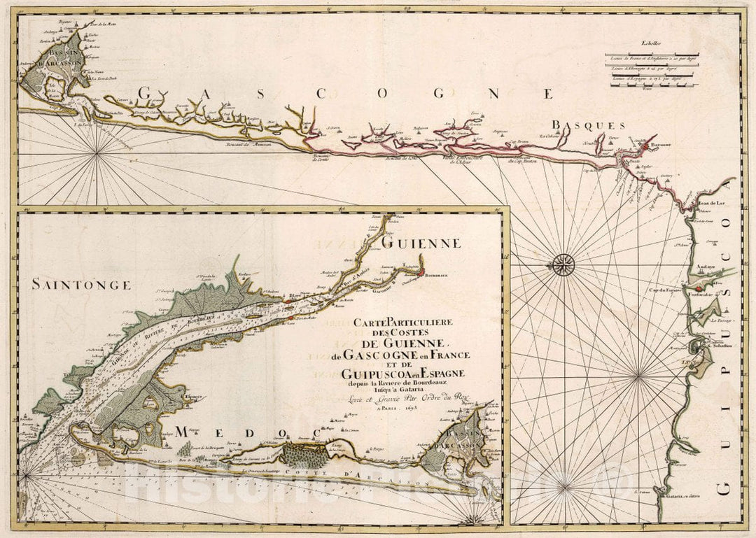 Historic Map : Gascony , France Carte Particuliere des Costes de Guienne de Gascogne en France et de Guipuscoa en Espagne, 1693 Chart , Vintage Wall Art