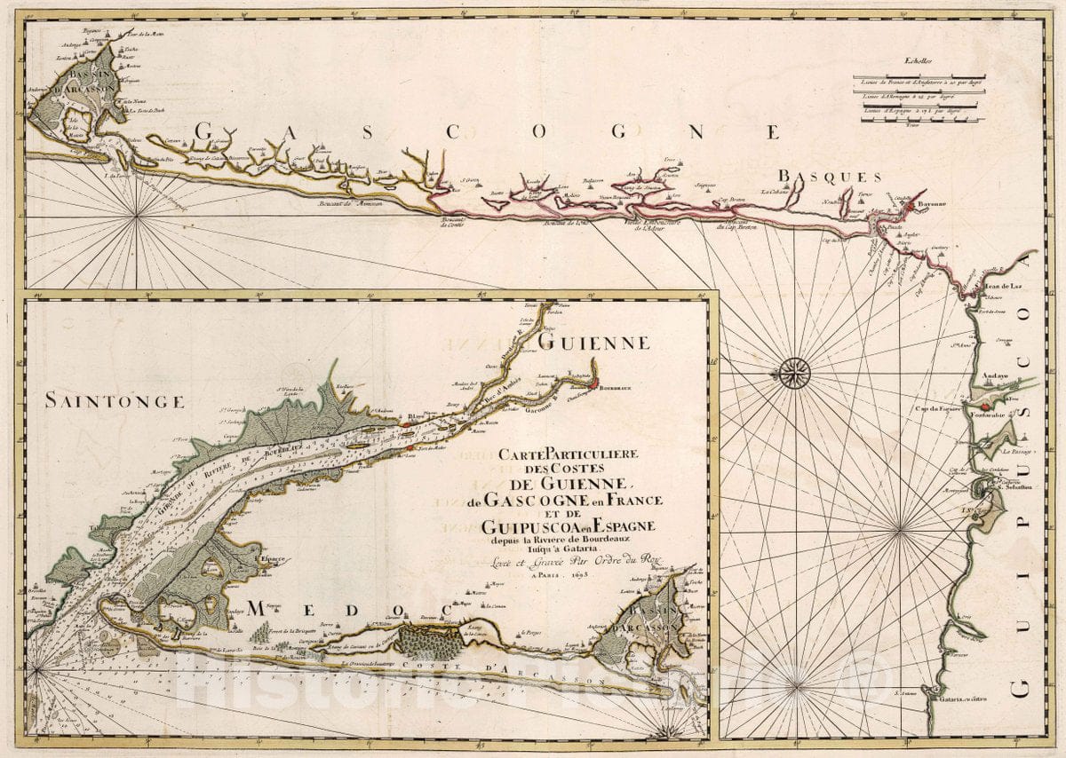 Historic Map : Gascony , France Carte Particuliere des Costes de Guienne de Gascogne en France et de Guipuscoa en Espagne, 1693 Chart , Vintage Wall Art