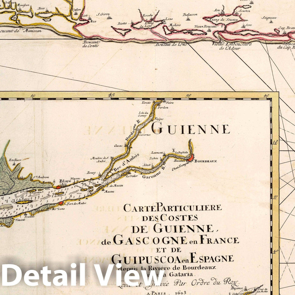 Historic Map : Gascony , France Carte Particuliere des Costes de Guienne de Gascogne en France et de Guipuscoa en Espagne, 1693 Chart , Vintage Wall Art