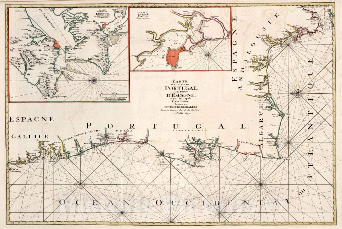 Historic Map : Portugal , Cadiz Spain, Carte des Costes de Portugal et de Partie D'Espagne, 1693 Chart , Vintage Wall Art