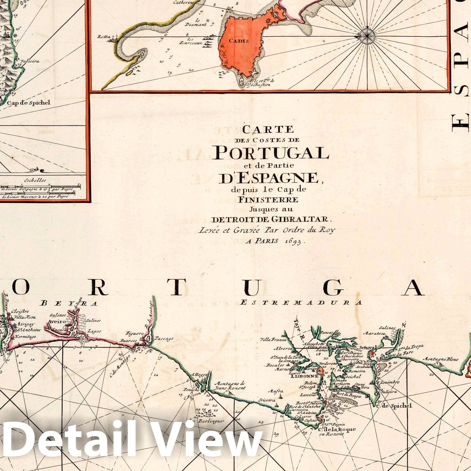 Historic Map : Portugal , Cadiz Spain, Carte des Costes de Portugal et de Partie D'Espagne, 1693 Chart , Vintage Wall Art