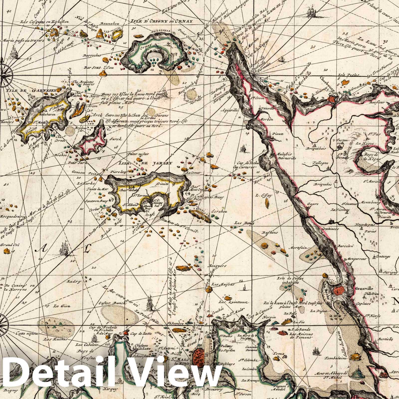 Historic Map : Normandy , France Carte Nouvelle des Costes de Normandie et de Bretagne. , Vintage Wall Art