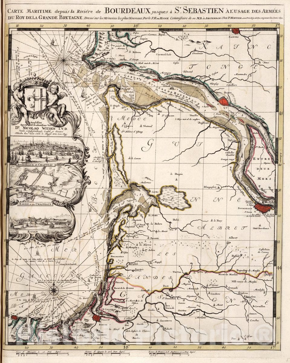 Historic Map : Aquitaine , France Carte Maritime Depuis la Riviere de Bourdeaux jusques a St. Sebastien, 1693 Chart , Vintage Wall Art