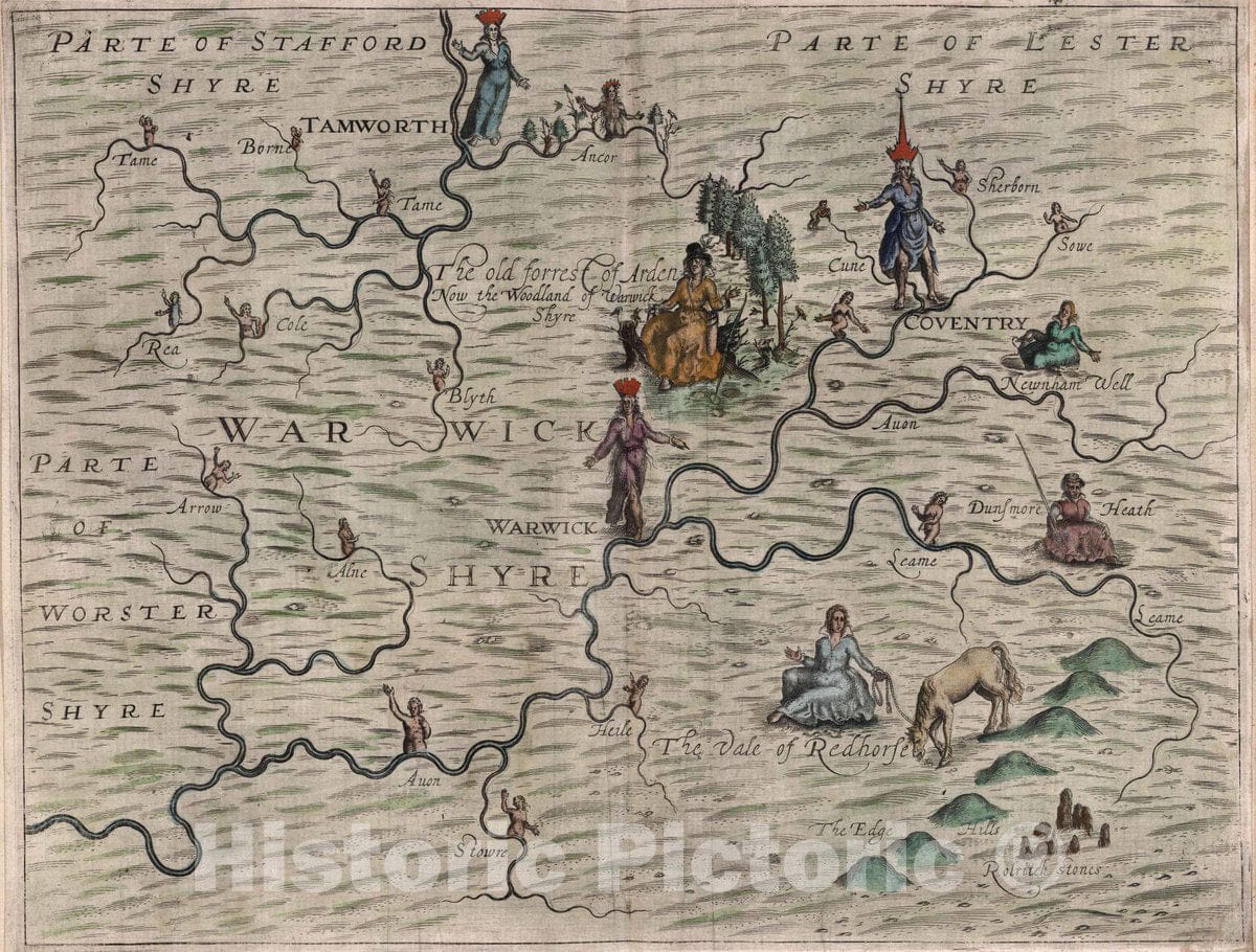 Historic Map : Parte of Stafford Shyre, Parte of Worster Shyre, Warwick Shyre, Parte of Lester Shyre, 1622 - Vintage Wall Art