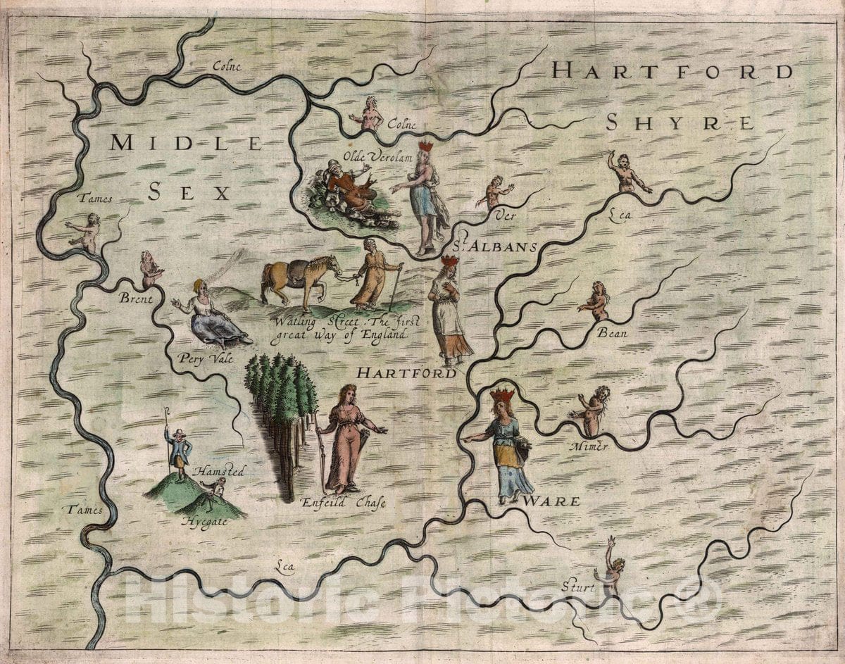 Historic Map : Midle Sex, Hartford Shyre, 1622 - Vintage Wall Art